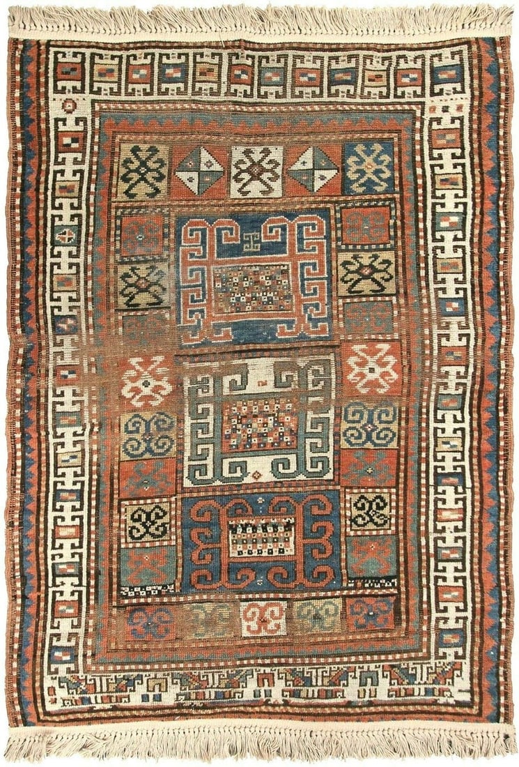 Antique Caucasian Kazak Pinwheel Wool Rug 4x6ft Circa 1880: Antique Caucasian Kazak Pinwheel Wool Rug 4x6ft Circa 1880 This is a rare antique Caucasian Pinwheel Kazak rug from the Russian Federation, dating to circa 1880. Hand-knotted from 100% wool, it featur