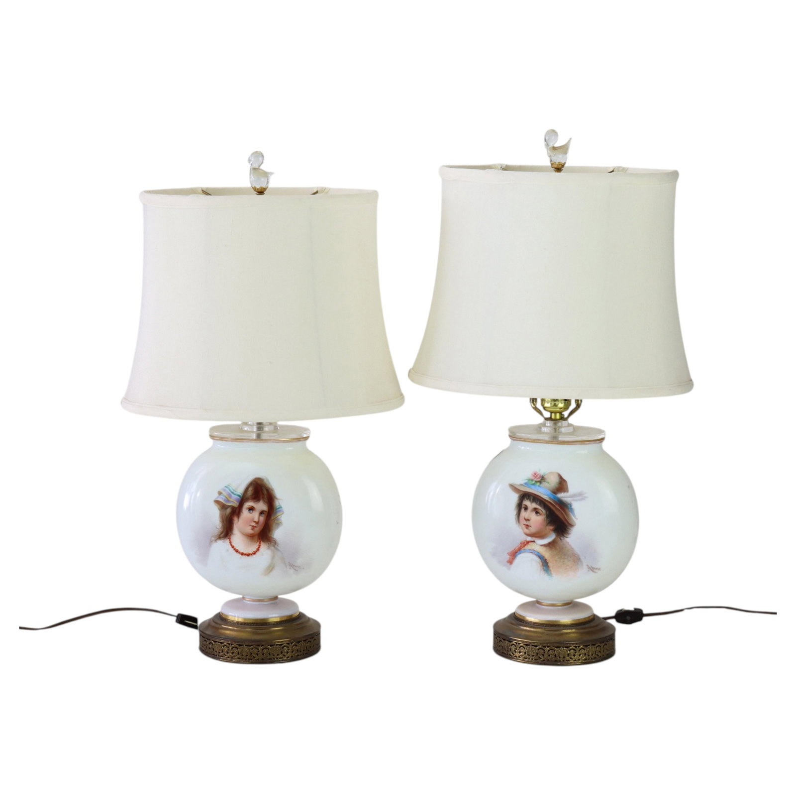 Set of 2 Josef Ahne French Opaline Glass Portrait Table Lamps Circa 1890 (1 of 12)