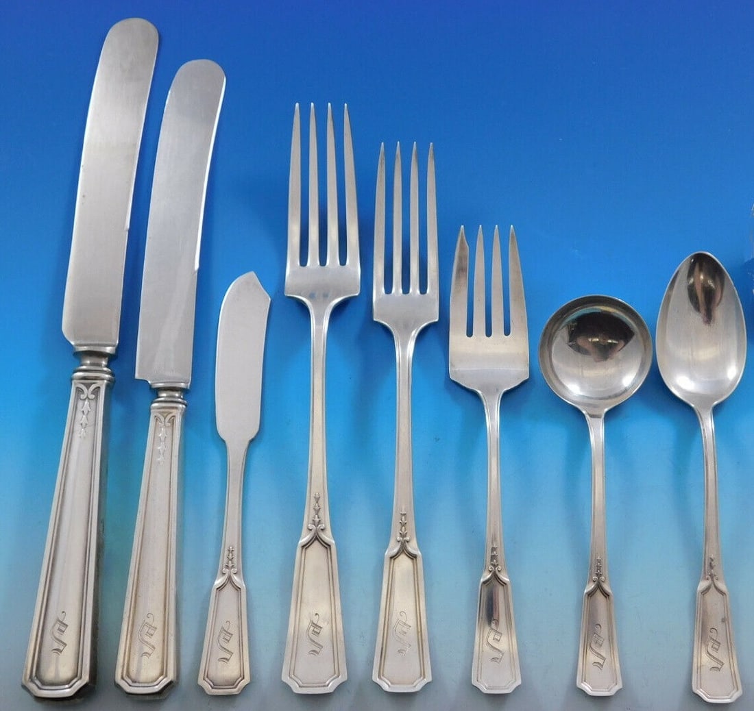 Alvin Florence Nightingale sterling silver service for 8 68 pieces S monogram: Alvin Florence Nightingale sterling silver service for 8 68 pieces S monogram This rare Florence Nightingale flatware set by Alvin is crafted in sterling silver and dates to circa 1919. The set compri