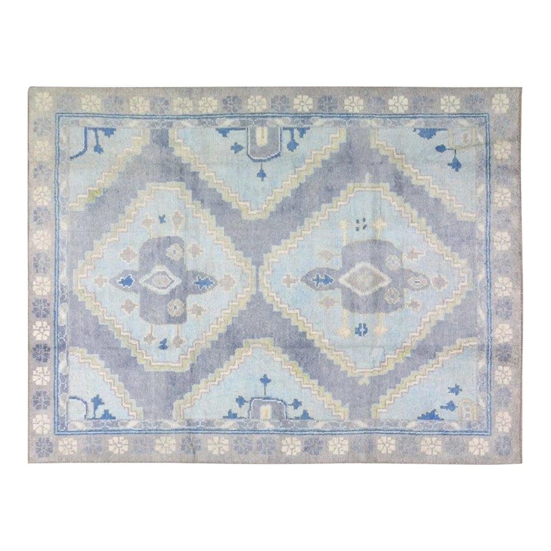 Sky Blue Wool Oushak Area Rug Hand Knotted Turkish Medallion 7'7" x 10'3": Sky Blue Wool Oushak Area Rug Hand Knotted Turkish Medallion 7'7" x 10'3" This Turkish hand-knotted Oushak rug features a medallion design and a silky soft wool texture. The rug is presented in a sky 