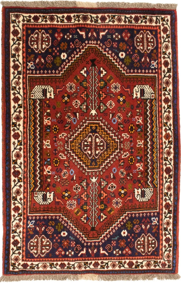 Hand-Knotted Wool Tribal Geometric Rug 3'6 x 5'1 Vintage-Inspired Farmhouse Accent: Hand-Knotted Wool Tribal Geometric Rug 3'6 x 5'1 Vintage-Inspired Farmhouse Accent This handmade vintage style tribal rug features a geometric pattern in a vibrant blend of red, cream, olive green, ma