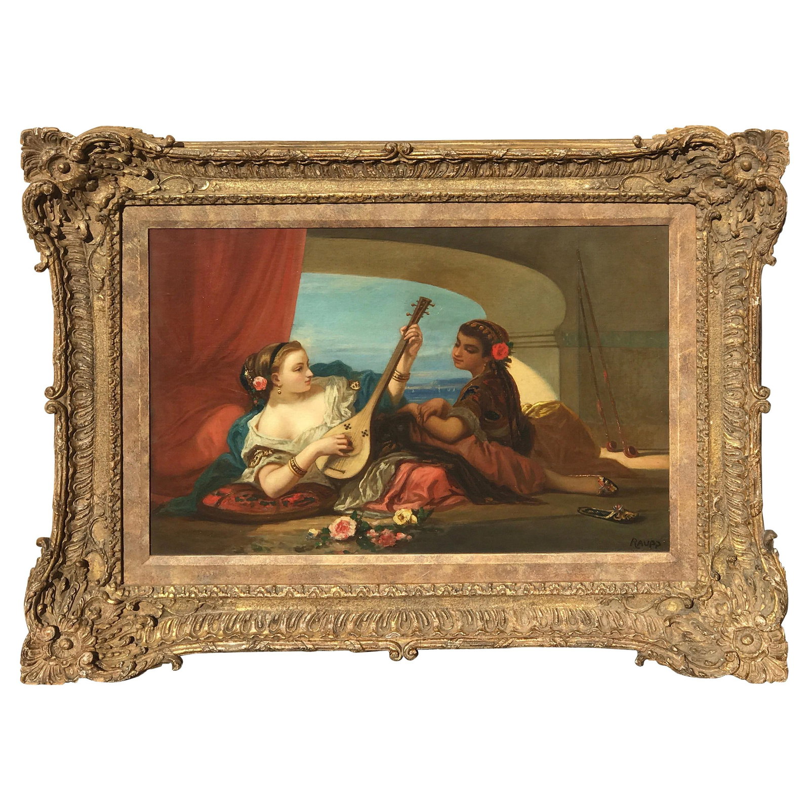 19th Century Orientalist Oil Painting The Odalisques Signed Raupp: 19th Century Orientalist Oil Painting The Odalisques Signed Raupp Immerse yourself in the beauty of the 19th century with this exquisite Orientalist oil painting on canvas titled "The Odalisques," sig
