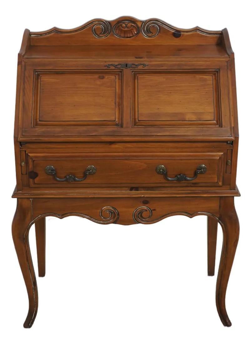 Ethan Allen Pine Slant Front Secretary Desk: Ethan Allen Pine Slant Front Secretary Desk This Ethan Allen Country French slant front desk is crafted from country pine and features dovetailed drawer construction. The desk retains its original fin