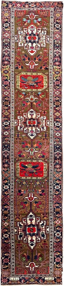 Antique Heriz Serapi Wool Runner 3x18 Green Geometric (1 of 11)
