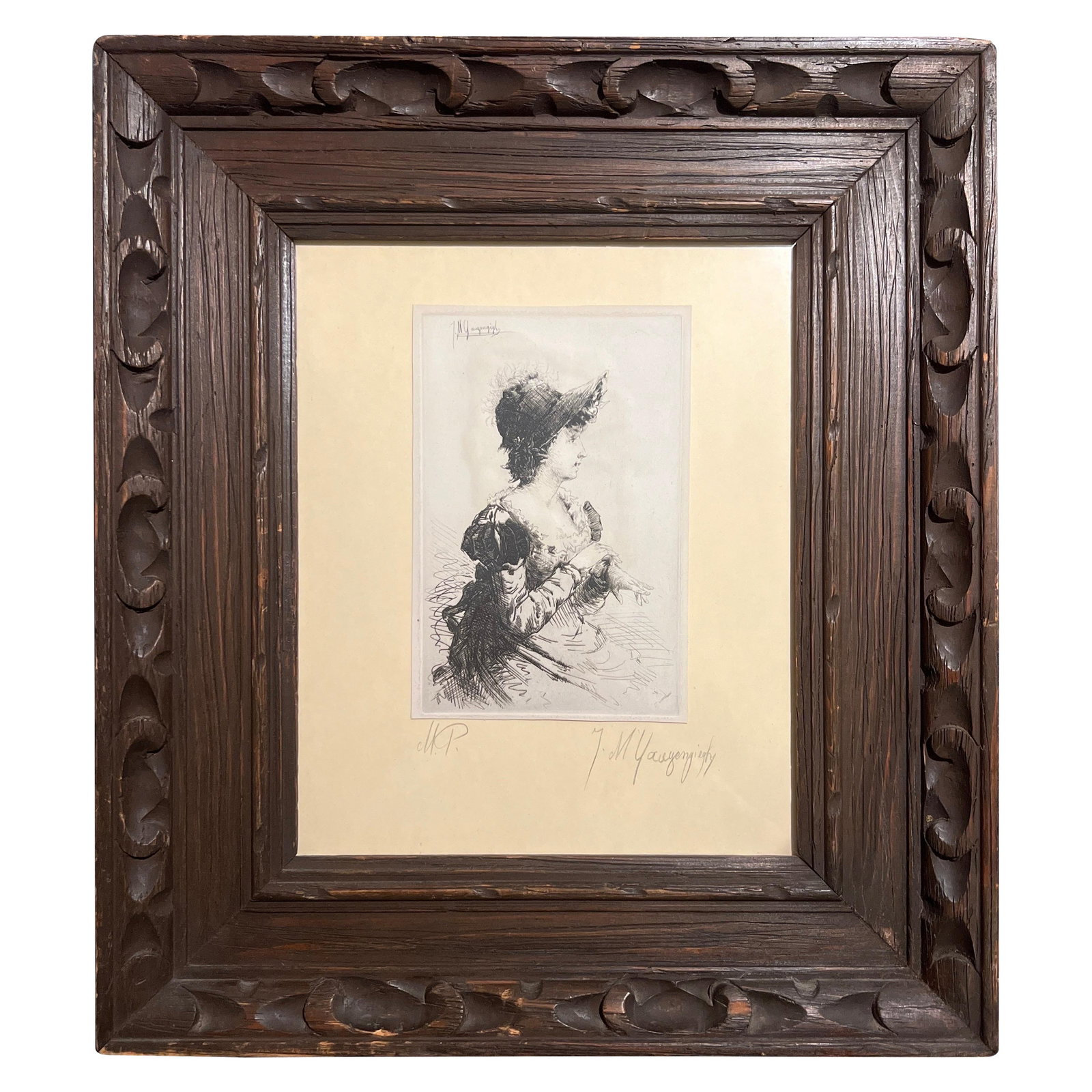 Ignaz Marcel Gaugengigl Art Nouveau Drypoint Etching Profile of a Woman: Ignaz Marcel Gaugengigl Art Nouveau Drypoint Etching Profile of a Woman This exquisite drypoint etching titled 'Profile of a Woman' is a notable work by the German artist Ignaz Marcel Gaugengigl (1855