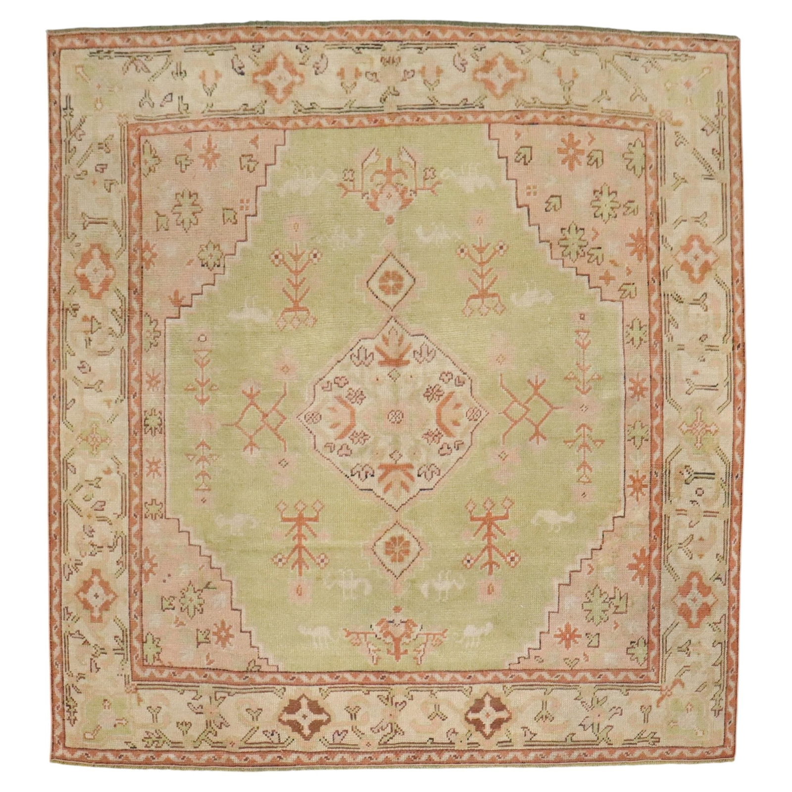 Early 20th Century Turkish Oushak Square Rug 6'7 x 6'10: Early 20th Century Turkish Oushak Square Rug 6'7 x 6'10 This early 20th-century Oushak square rug from Turkey features a green color palette and is crafted using hand-woven Angora and wool. Dating fro