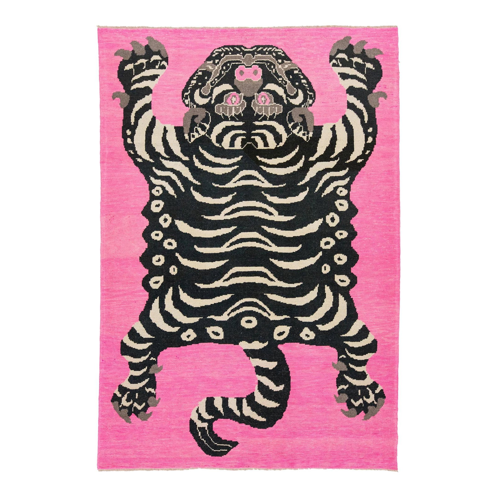 Turkish Wool Rug 7'1" x 10'5" Pink Tiger Motif Handmade: Turkish Wool Rug 7'1" x 10'5" Pink Tiger Motif Handmade Enhance your living space with this stunning handmade Turkish wool rug featuring an eye-catching tiger motif against a soft pink backdrop, compl