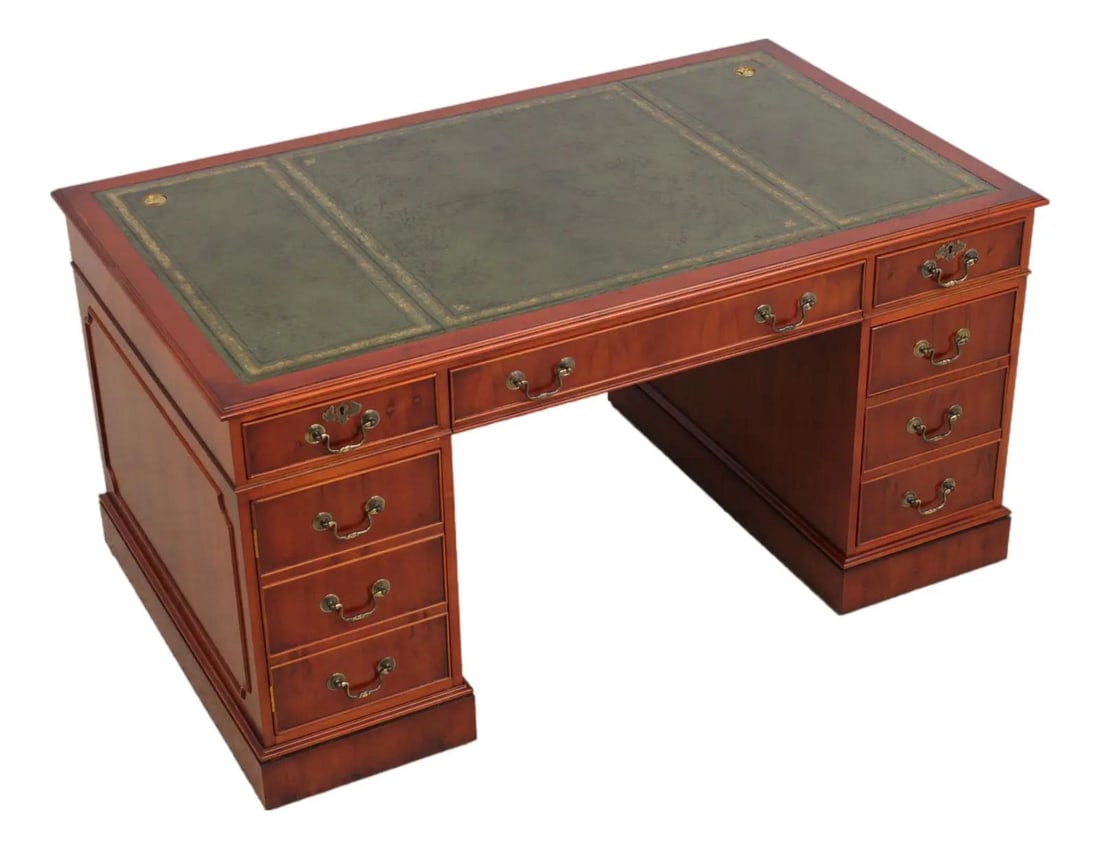 English Style Yew Wood Desk with Green Leather Writing Surface (1 of 10)