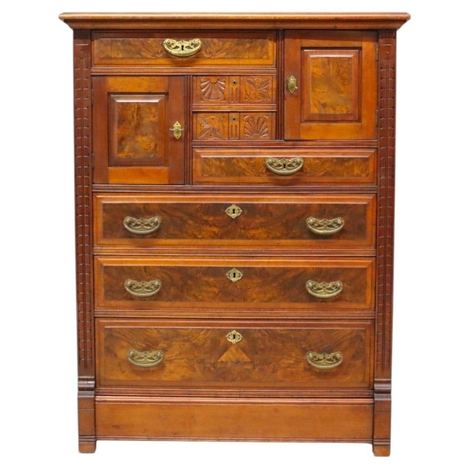 Walnut Eastlake Aesthetic burl veneer gentleman chest c1890: Walnut Eastlake Aesthetic burl veneer gentleman chest c1890 This antique gentleman's chest from the Eastlake Aesthetic Movement, dating to circa 1890, is crafted from walnut with striking burl wood ve
