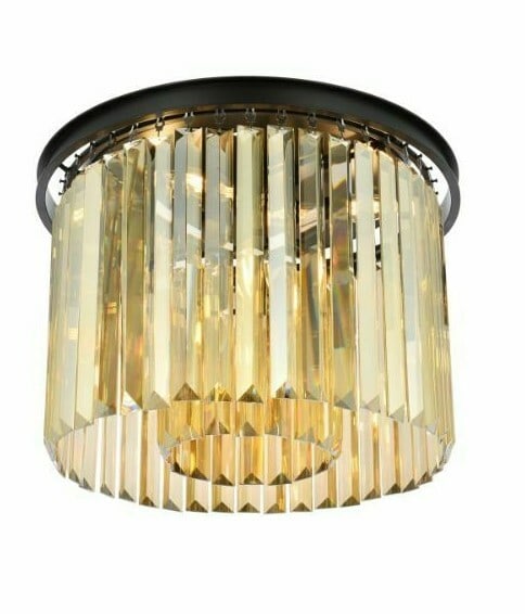 Sydney 6 Light Crystal Flush Mount Chandelier Matte Black 20 inch: Sydney 6 Light Crystal Flush Mount Chandelier Matte Black 20 inch This contemporary flush mount chandelier features a matte black frame adorned with high-quality golden teak royal cut crystals, creati