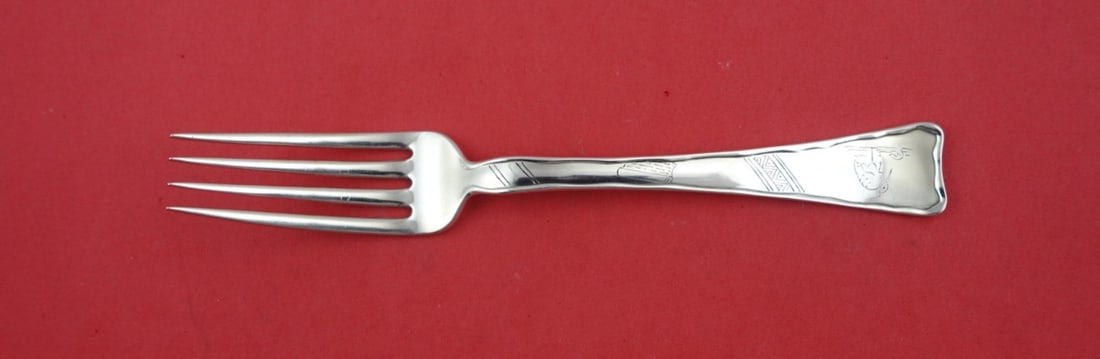 Tiffany & Co. Lap Over Edge Hand Engraved Sterling Silver Dinner Fork with Stork 8": Tiffany & Co. Lap Over Edge Hand Engraved Sterling Silver Dinner Fork with Stork 8" This exquisite 8" dinner fork from Tiffany & Co. features the elegant Lap Over Edge pattern, beautifully hand engrav