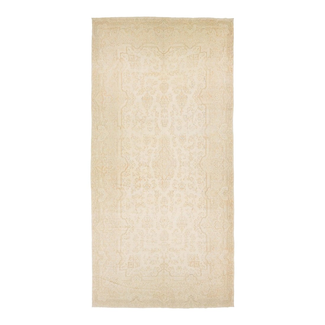 10'10 x 22'1 Antique Kerman Wool Area Rug in Neutral Tones: 10'10 x 22'1 Antique Kerman Wool Area Rug in Neutral Tones This oversized antique Persian Kerman wool rug showcases a medallion-and-corner design with intricate floral arabesques and palmettes. Render