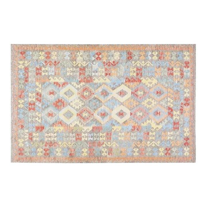 6'3 x 9'7 Wool Kilim Flatweave Rug With Maimana Geometric Design: 6'3 x 9'7 Wool Kilim Flatweave Rug With Maimana Geometric Design This Afghan Maimana flatweave kilim rug features natural colors and a striking geometric pattern. Handcrafted from wool, it showcases t