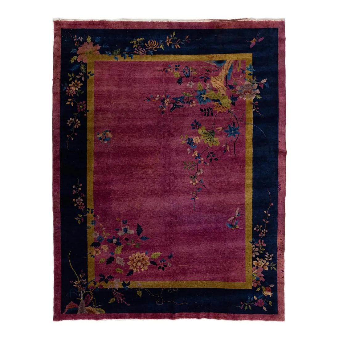 Burgundy Wool Chinese Art Deco Area Rug 9' x 11'6'': Burgundy Wool Chinese Art Deco Area Rug 9' x 11'6'' This antique Chinese Art Deco wool rug from the 1920s features a vibrant magenta-plum field surrounded by an ochre inner border and a deep navy blue
