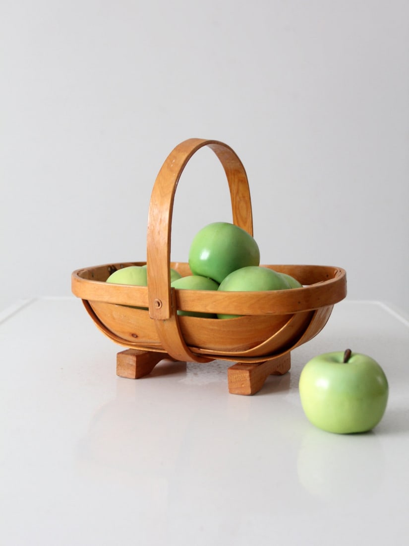 Rustic Vintage Bentwood Basket with Slatted Design and Drop-Down Handle (1 of 10)