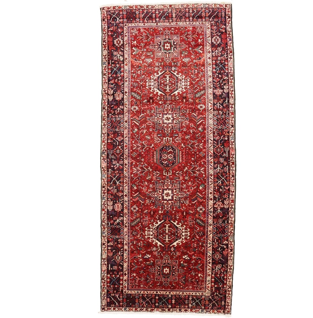 Vintage wool hand-knotted tribal runner rug 5'4 x 12'7: Vintage wool hand-knotted tribal runner rug 5'4 x 12'7 This vintage tribal-style runner rug features a hand-knotted wool construction with a geometric pattern in shades of red, plum, cream, gray, and 