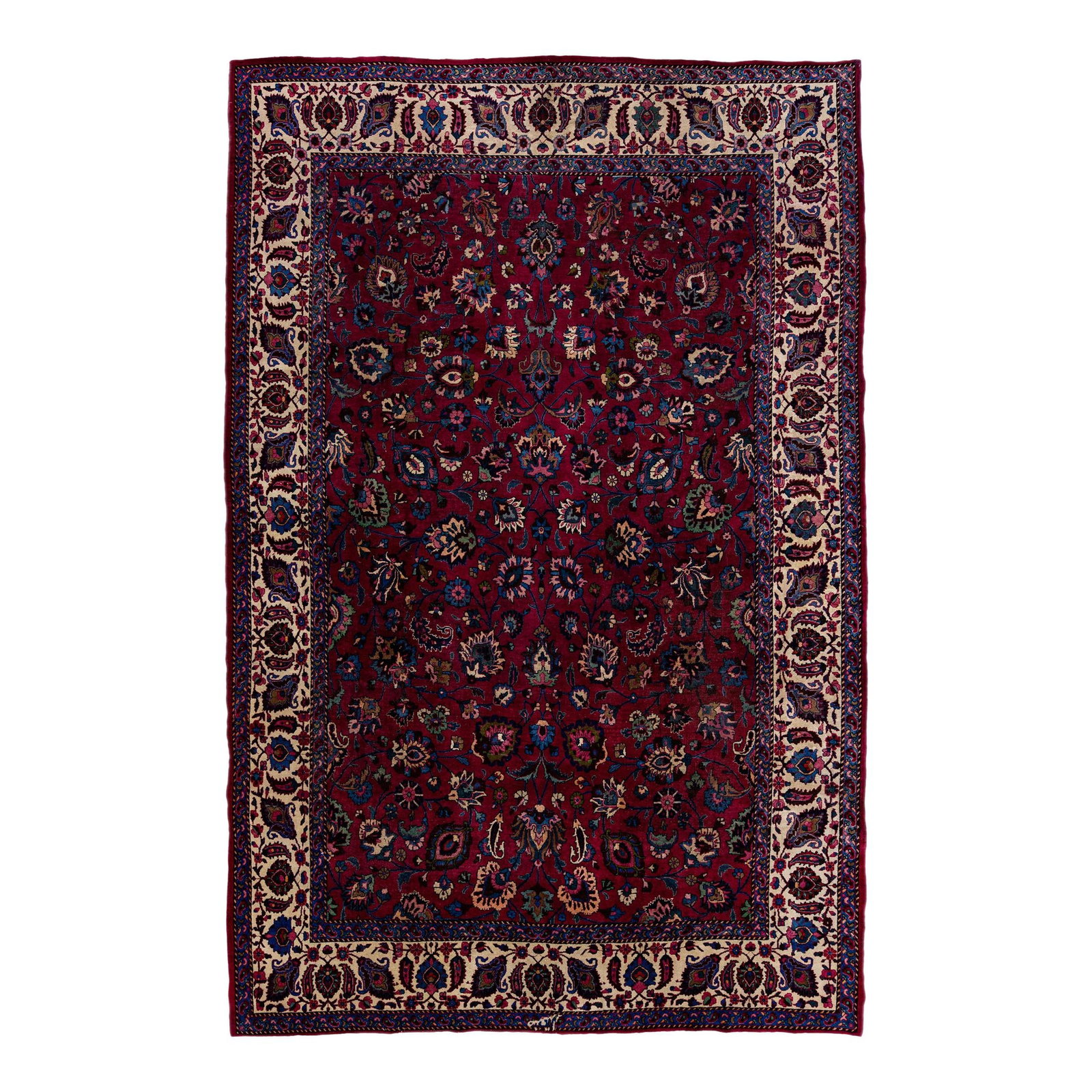 Mashad Handmade Floral Red Wool Rug 8'6 x 12'6: Mashad Handmade Floral Red Wool Rug 8'6 x 12'6 Discover the timeless elegance of this beautiful Mashad hand-knotted wool rug, featuring a striking red field. Adorned with a beige-designed frame, this 