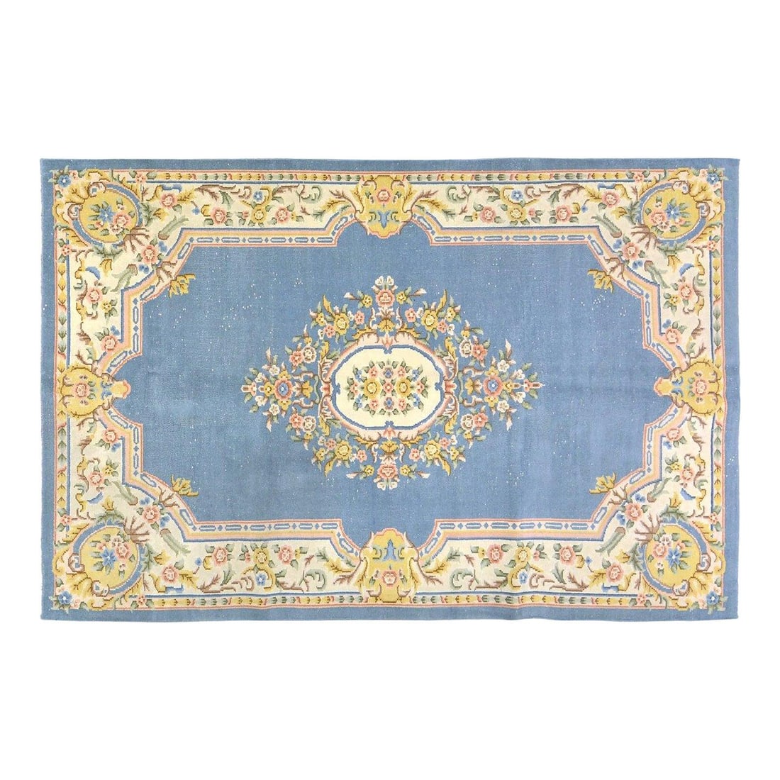 Handmade Wool Art Deco Rug in Cerulean 5'9" x 9' Chinese Vintage: Handmade Wool Art Deco Rug in Cerulean 5'9" x 9' Chinese Vintage This vintage Chinese Art Deco rug is hand-knotted from wool using traditional techniques. Its cerulean color and rich texture offer a b