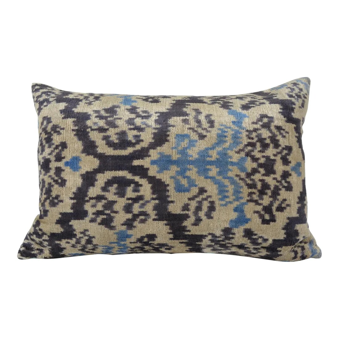 Uzbek Ikat Silk Velvet Pillow with Linen Backing: Uzbek Ikat Silk Velvet Pillow with Linen Backing This hand-made Silk Uzbek Ikat velvet pillow cushion features a natural linen backing and a hidden zipper for a refined finish. It comes complete with 