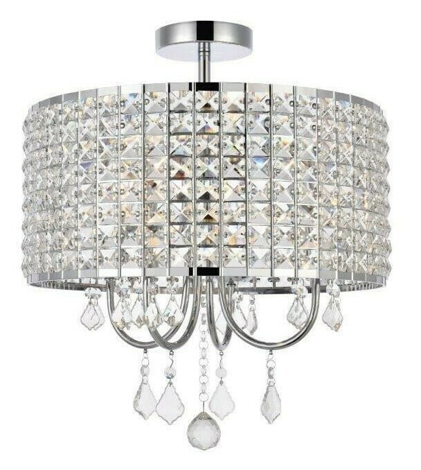 Living District Elise 4-Light Chrome Semi Flush Crystal Fixture: Living District Elise 4-Light Chrome Semi Flush Crystal Fixture This pre-owned chandelier features a modern, semi flush mount design with a round, open lattice shade adorned with Royal Cut clear cryst