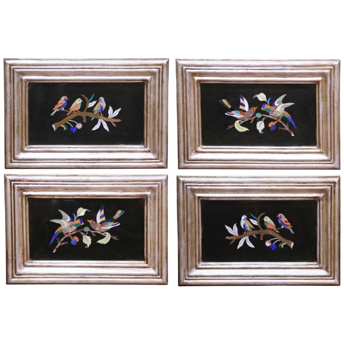 Set of 4 Italian Pietra Dura Bird Plaques in Silvered Frames (1 of 18)