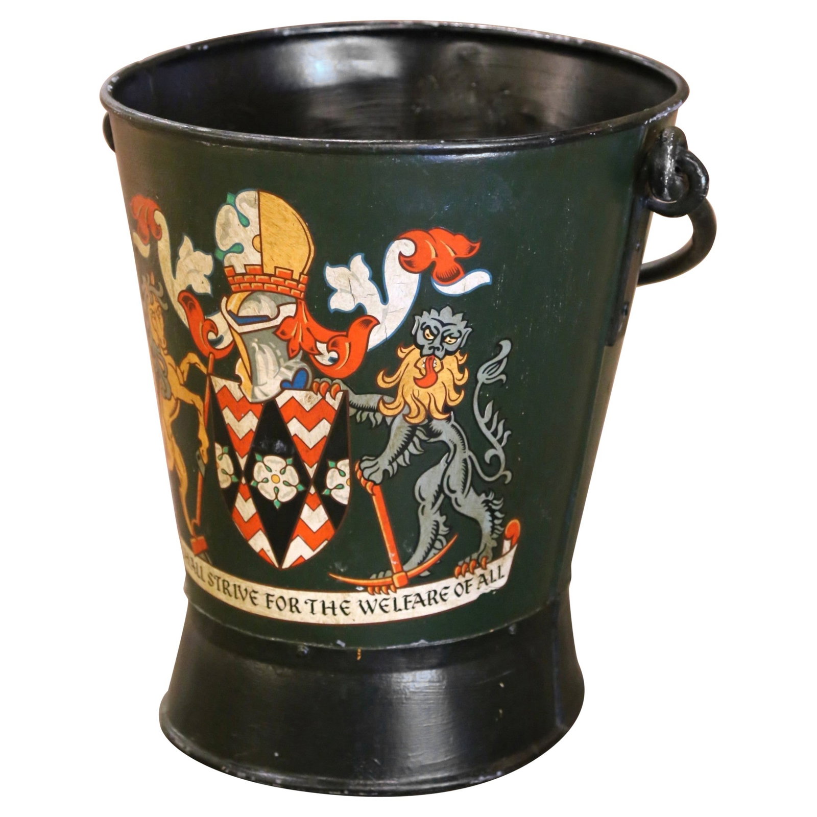 Antique English Hand-Painted Iron Bucket with Heraldic Crest: Antique English Hand-Painted Iron Bucket with Heraldic Crest This exquisite early 20th century English hand-painted iron fire or coal bucket is a stunning addition to any home decor. Crafted in Englan