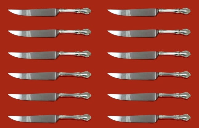 Reed & Barton Hampton Court Sterling Silver Steak Knife Set 12pc 8.5in Custom: Reed & Barton Hampton Court Sterling Silver Steak Knife Set 12pc 8.5in Custom Enhance your dining experience with this exquisite set of 12 steak knives from the Hampton Court collection by Reed & Bart