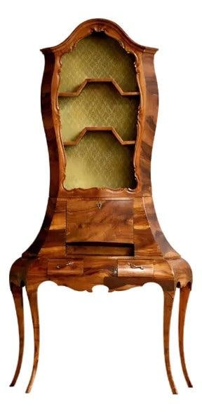 1950s Italian Olive Wood Bombe Secretary Desk: 1950s Italian Olive Wood Bombe Secretary Desk This elegant bombe style secretary desk from the 1950s is crafted from olive wood and showcases classic Italian design. The desk features a distinctive cu