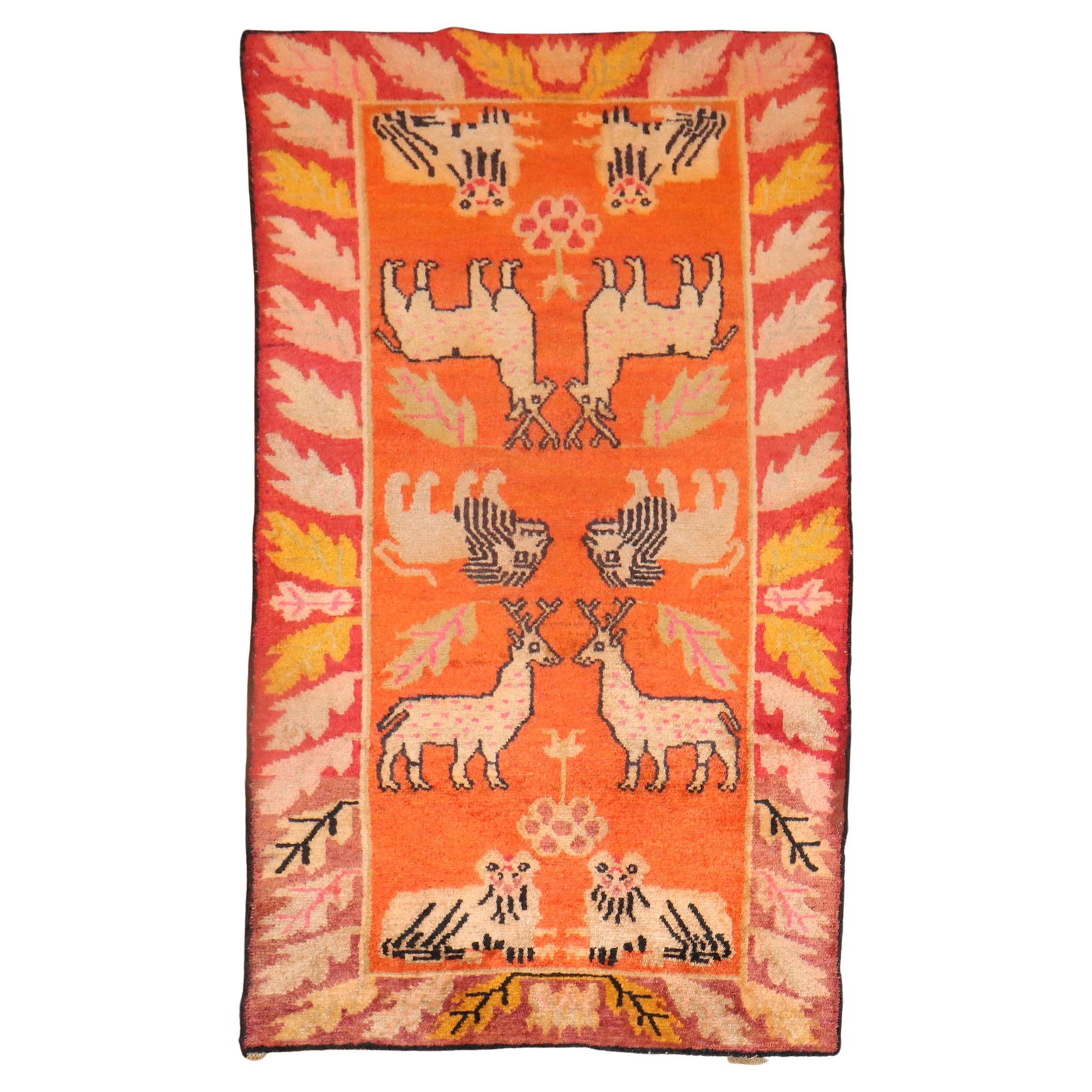 Art Deco Wool Tibetan Animal Rug 34 x 62 in: Art Deco Wool Tibetan Animal Rug 34 x 62 in This stunning vintage Tibetan rug showcases an animal pictorial motif against a vibrant orange background, indicative of the Art Deco style. Hand-woven from
