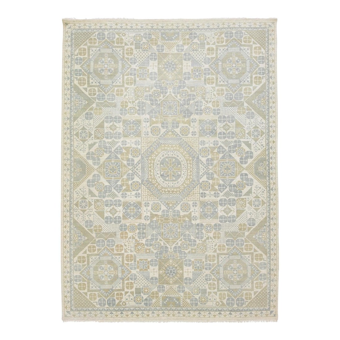 10'3" x 14'1" Hand Knotted Wool Khotan Style Rug in Sage Sand: 10'3" x 14'1" Hand Knotted Wool Khotan Style Rug in Sage Sand Hand-knotted wool area rug in a Modern Khotan style with a minimalist geometric design inspired by traditional East Turkestan motifs. It f