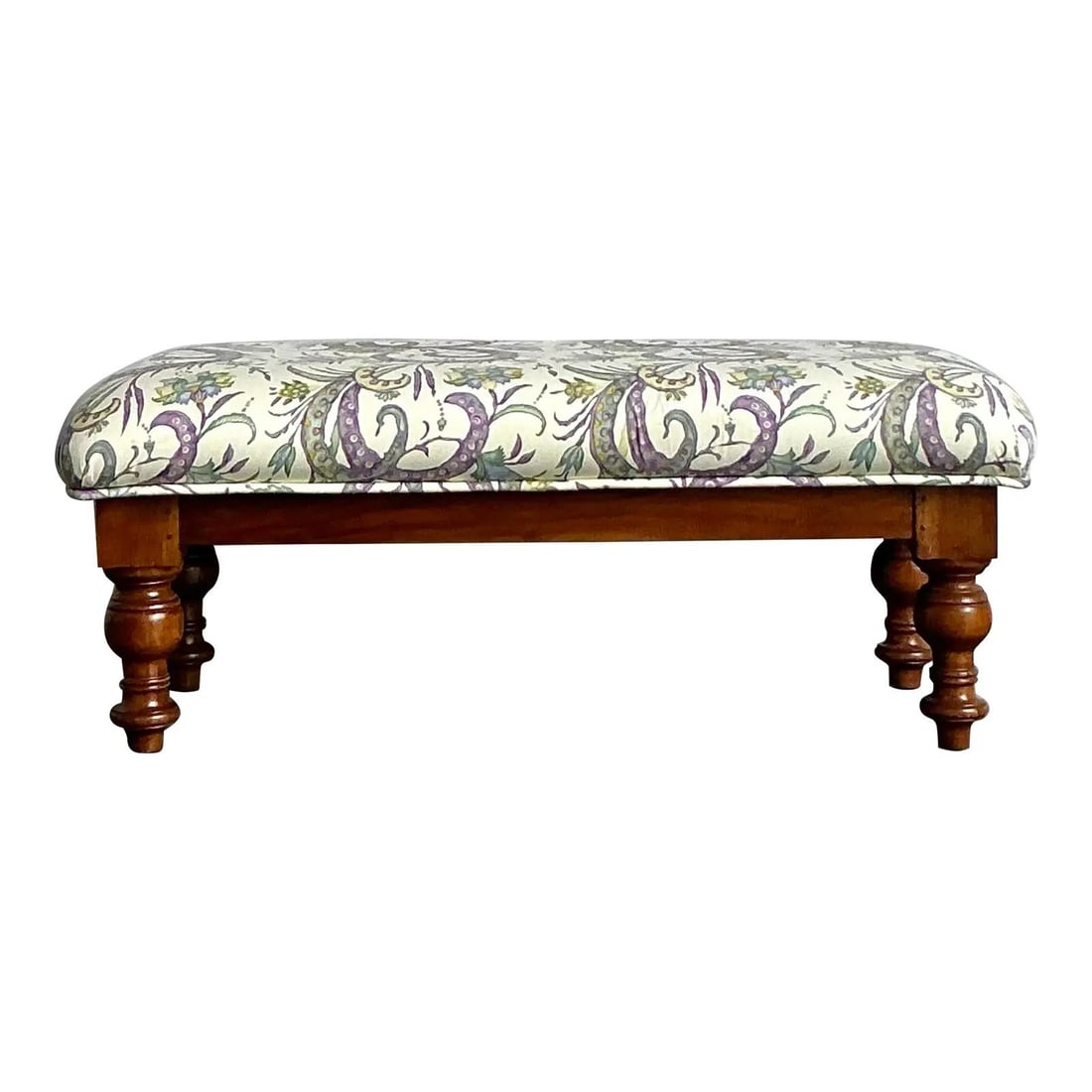 Upholstered Bench With Turned Wood Legs and Whimsical Octopus Pattern: Upholstered Bench With Turned Wood Legs and Whimsical Octopus Pattern This vintage boho upholstered bench features a classic English-inspired wood frame with four substantial turned legs in a warm, ri