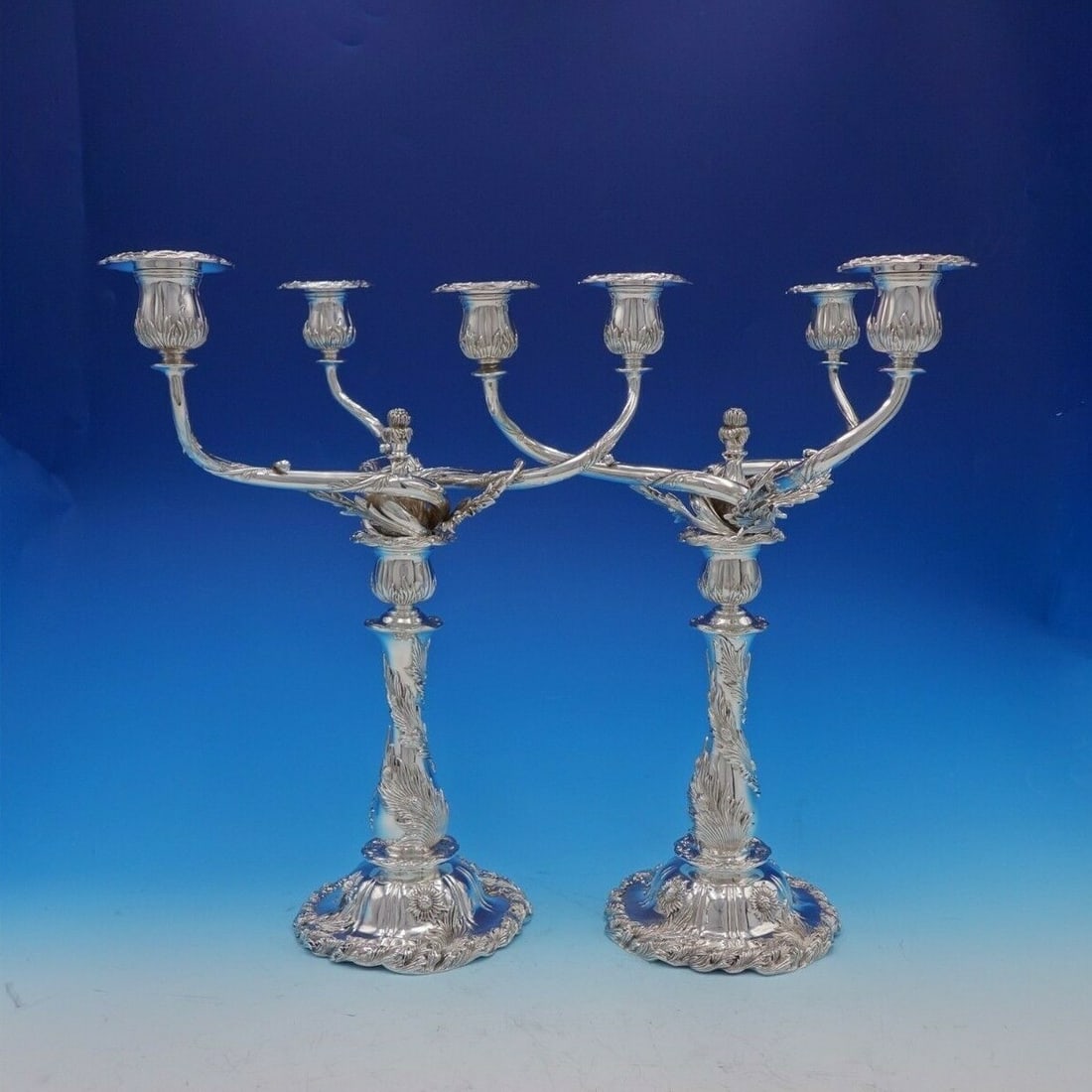 Tiffany & Co Chrysanthemum Sterling Silver Candelabra Pair 3-Light Art Nouveau: Tiffany & Co Chrysanthemum Sterling Silver Candelabra Pair 3-Light Art Nouveau This exquisite pair of candelabras from Tiffany & Co. showcases the elegant Chrysanthemum pattern, which reflects the lux