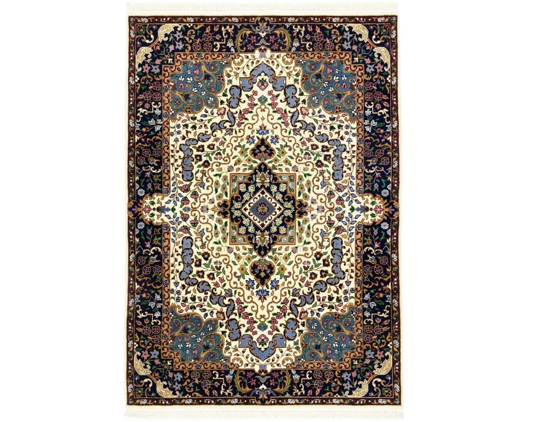 4'1 x 5'10 Hand-Knotted Wool Kirman Floral Pattern Area Rug: 4'1 x 5'10 Hand-Knotted Wool Kirman Floral Pattern Area Rug This hand-knotted Kirman area rug features a classic floral design in a variety of colors, including cream, dark navy, green, blue, beige, b