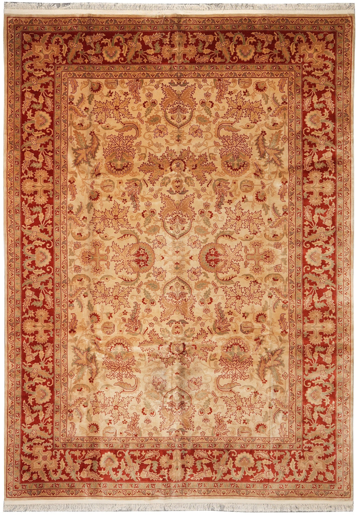 9 x 12 Handmade Agra Rug Dense Wool Floral Indian Design: 9 x 12 Handmade Agra Rug Dense Wool Floral Indian Design Free continental US Shipping This 9 x 12 foot Agra rug is hand-knotted by skilled artisans using dense, high-quality natural wool. Showcasing