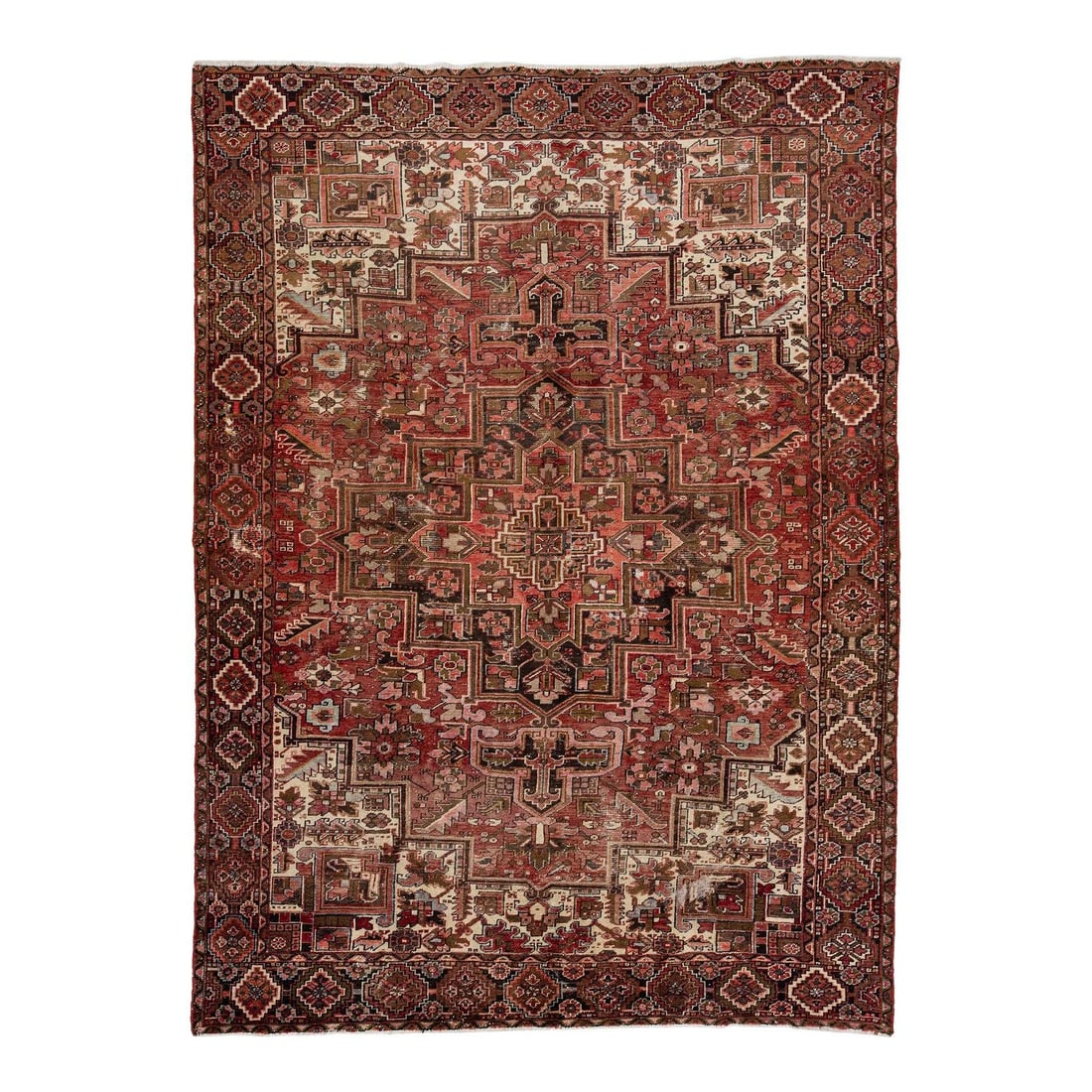 Persian Heriz Handmade Wool Rug 9'5 x 12'9 Rust Medallion Design: Persian Heriz Handmade Wool Rug 9'5 x 12'9 Rust Medallion Design This exquisite Persian Heriz wool rug features a striking rust-red background highlighted by elegant accents of beige, pink, and