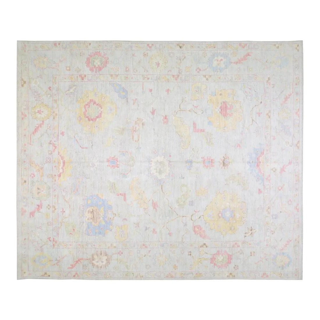Light Gray Wool Oushak Area Rug Handwoven Turkish Carpet 12' x 14'4": Light Gray Wool Oushak Area Rug Handwoven Turkish Carpet 12' x 14'4" This Turkish hand-woven Oushak rug features an allover design and a silky soft texture. Crafted from wool and presented in a light 