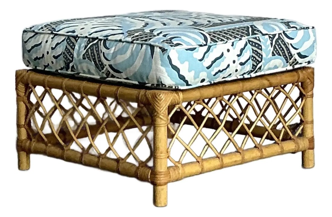 Rattan Trellis Ottoman With Alan Campbell Ferns Cushion Boho Vintage Style: Rattan Trellis Ottoman With Alan Campbell Ferns Cushion Boho Vintage Style This vintage Bielecky Brothers ottoman features a sturdy rattan frame with traditional bound joints and a decorative trellis 