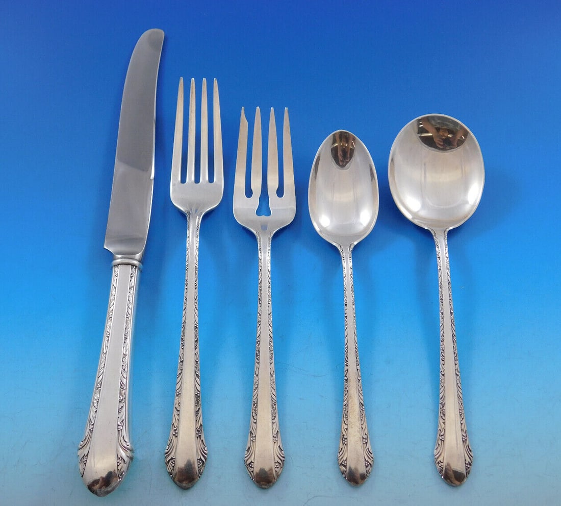 Alvin Chased Romantique Sterling Silver Flatware Set 30 pcs for 6 with Caddy: Alvin Chased Romantique Sterling Silver Flatware Set 30 pcs for 6 with Caddy Enhance your dining experience with the Chased Romantique Sterling Silver Flatware Set by Alvin, designed for service of si