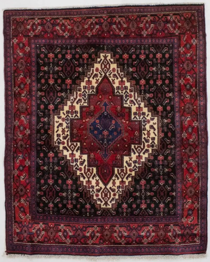 Vintage Wool Tribal Rug with Geometric Pattern 3'11 x 4'11 Hand-Knotted: Vintage Wool Tribal Rug with Geometric Pattern 3'11 x 4'11 Hand-Knotted This vintage hand-knotted Oriental area rug features a rare geometric pattern in a rich palette of dark navy, charcoal, red, ivo