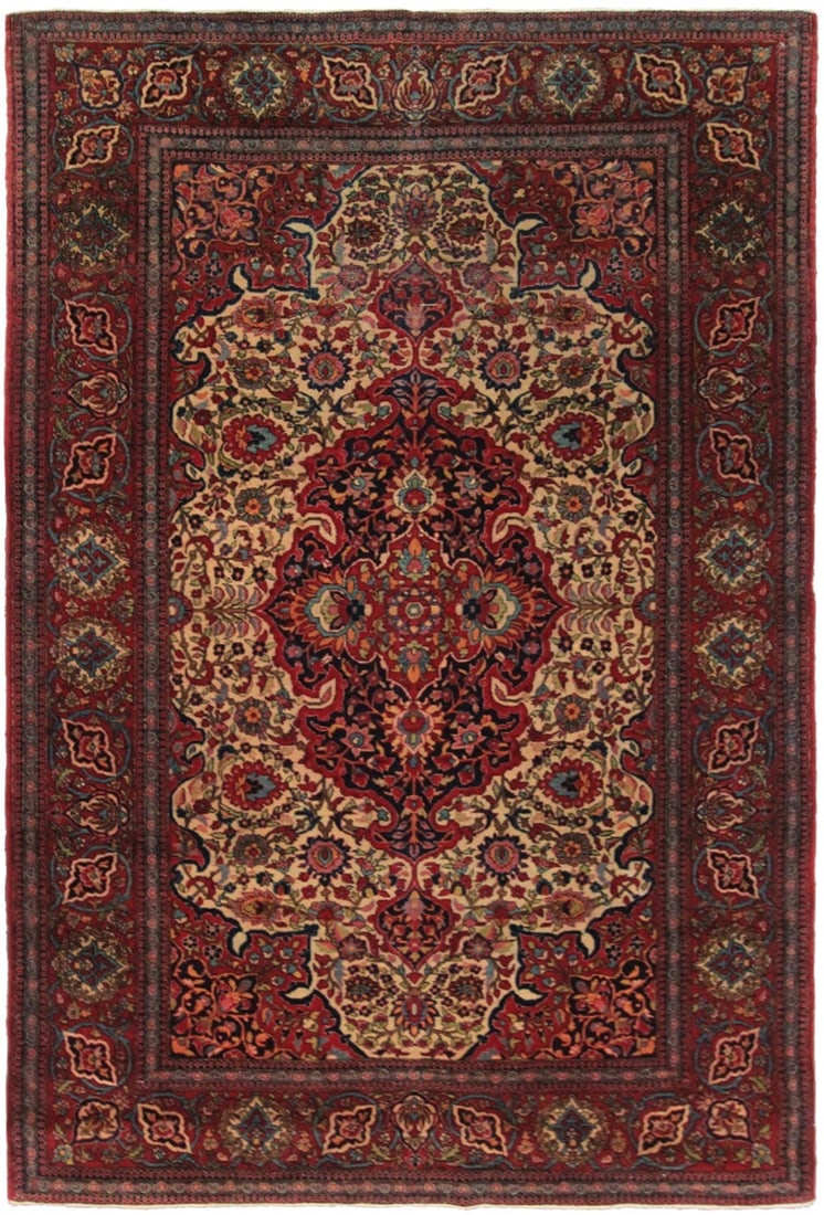 Antique Esfahan Floral Medallion Kork Wool Area Rug 4'7 x 6'10: Antique Esfahan Floral Medallion Kork Wool Area Rug 4'7 x 6'10 This is an antique Persian Esfahan Ahmad area rug, hand-knotted from 100% kork wool with a cotton foundation. Dating to circa 1880, the r