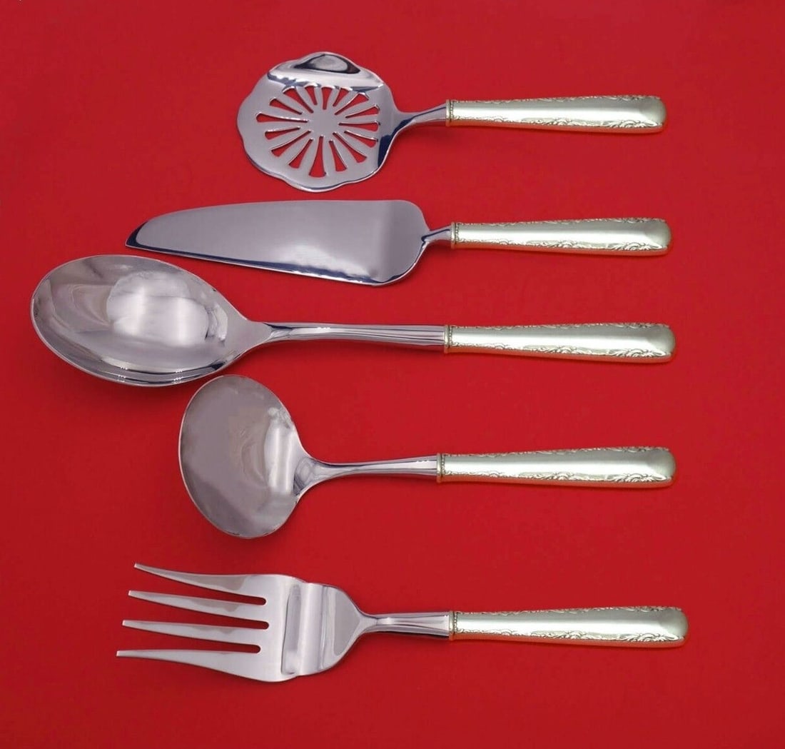 Gorham Camellia Sterling Silver 5pc Thanksgiving Serving Set: Gorham Camellia Sterling Silver 5pc Thanksgiving Serving Set Enhance your holiday dining experience with this stunning 5-piece Thanksgiving Serving Set from the Camellia pattern by Gorham. Crafted fro