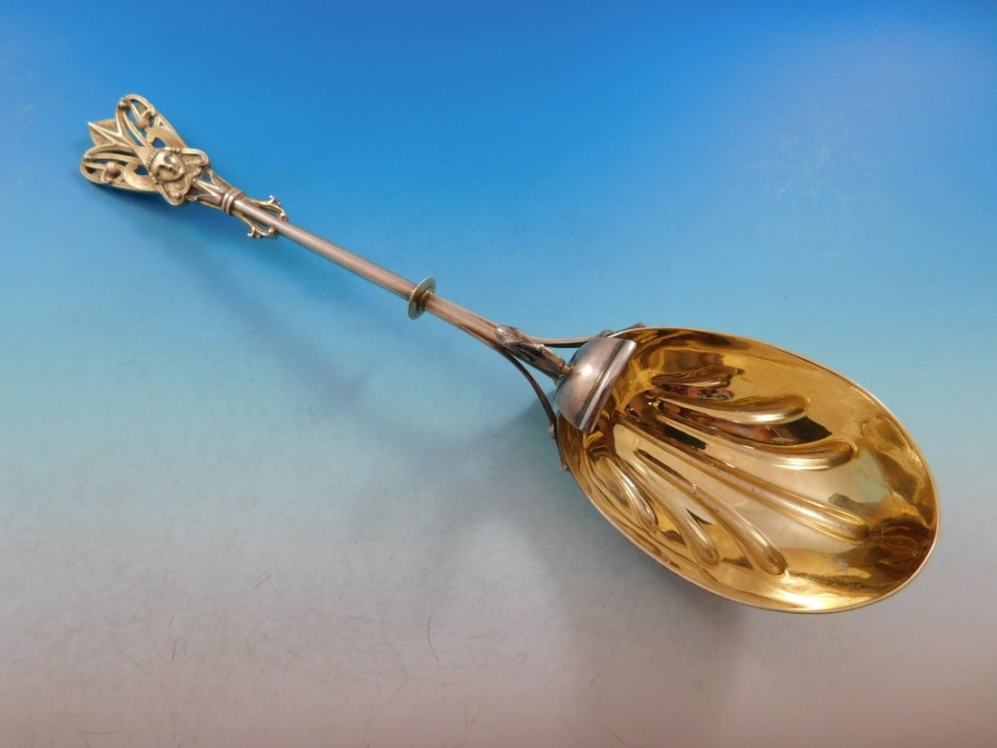 Egyptian Revival Coin Silver Master Nut Spoon 1860-1883 with Snake Motif: Egyptian Revival Coin Silver Master Nut Spoon 1860-1883 with Snake Motif Discover a stunning example of Egyptian Revival artistry with this master nut spoon, crafted in coin silver around 1860-1883. T