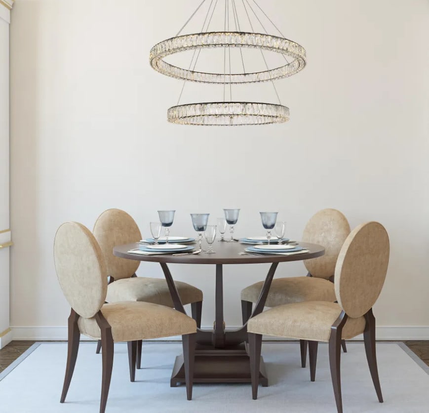 Monroe 42 inch black crystal LED chandelier: Monroe 42 inch black crystal LED chandelier This large modern chandelier features a striking black finish and is designed for contemporary foyers, dining rooms, and other indoor spaces. It is construc