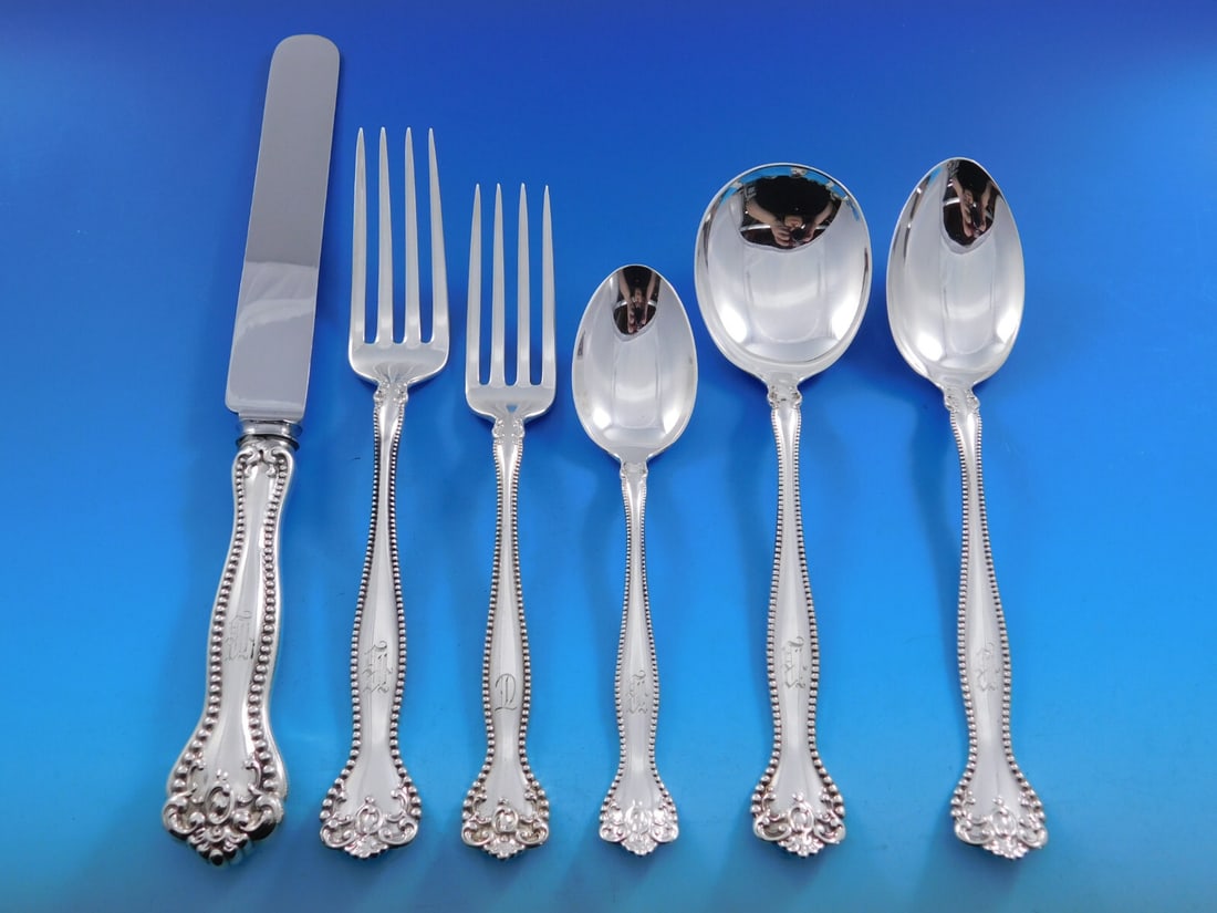 Raleigh by Alvin 76 Piece Sterling Silver Flatware Set for 12 with Beaded Design: Raleigh by Alvin 76 Piece Sterling Silver Flatware Set for 12 with Beaded Design Introducing the exquisite Raleigh by Alvin Sterling Silver Flatware Set, a rare find dating from 1900 to 1940. This exc