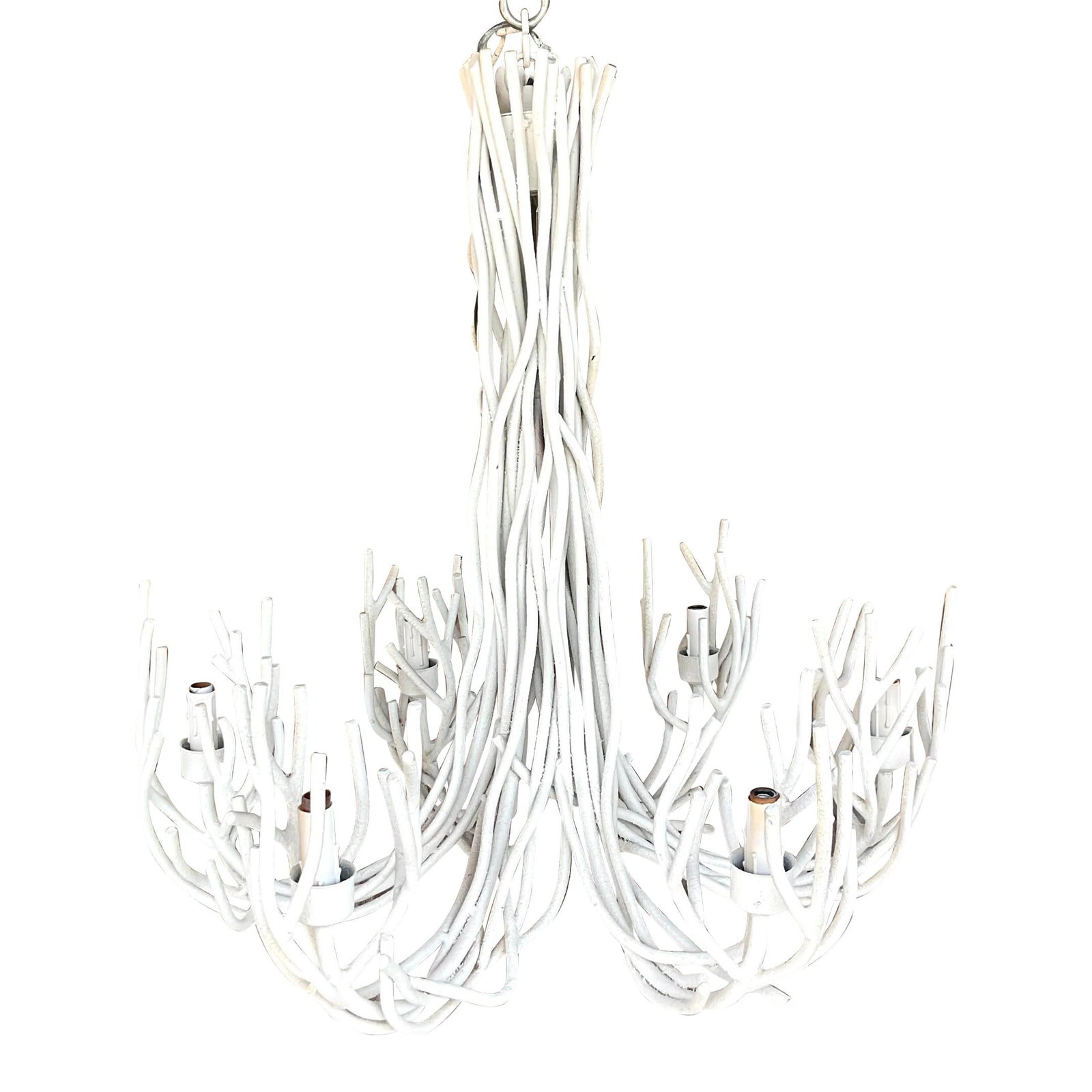 Vintage Boho White Metal Twig Chandelier from Palm Beach Estate: Vintage Boho White Metal Twig Chandelier from Palm Beach Estate Illuminate your space with this stunning Vintage Coastal Metal Twig Chandelier. Featuring a chic twig design crafted from long metal rod