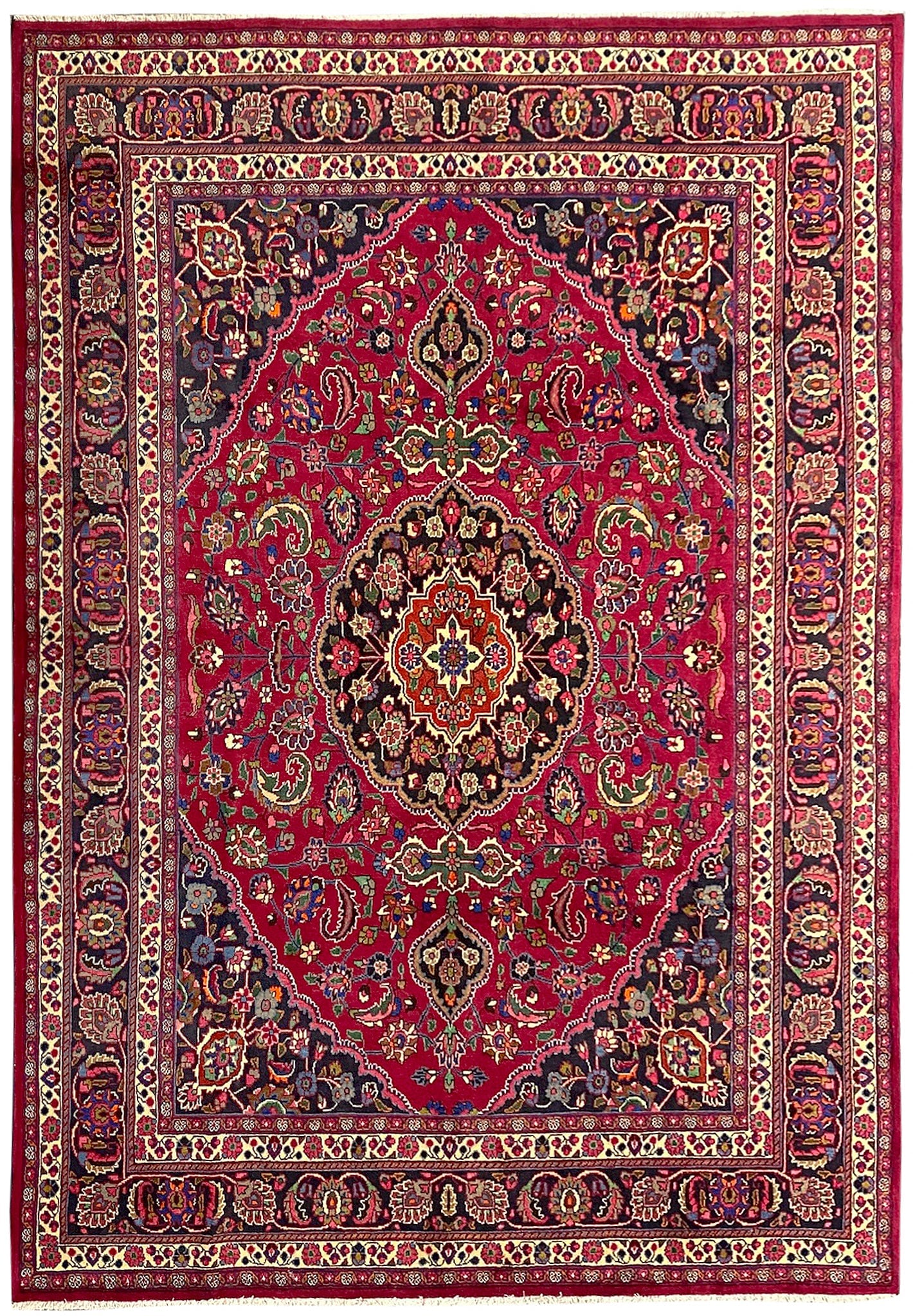 9 x 13 Hand Knotted Persian Mashad Rug Iran Wool: 9 x 13 Hand Knotted Persian Mashad Rug Iran Wool Free continental US Shipping This 9 x 13 Traditional Persian Mashad rug from Iran features classic hand-knotted craftsmanship and a detailed symmetrica