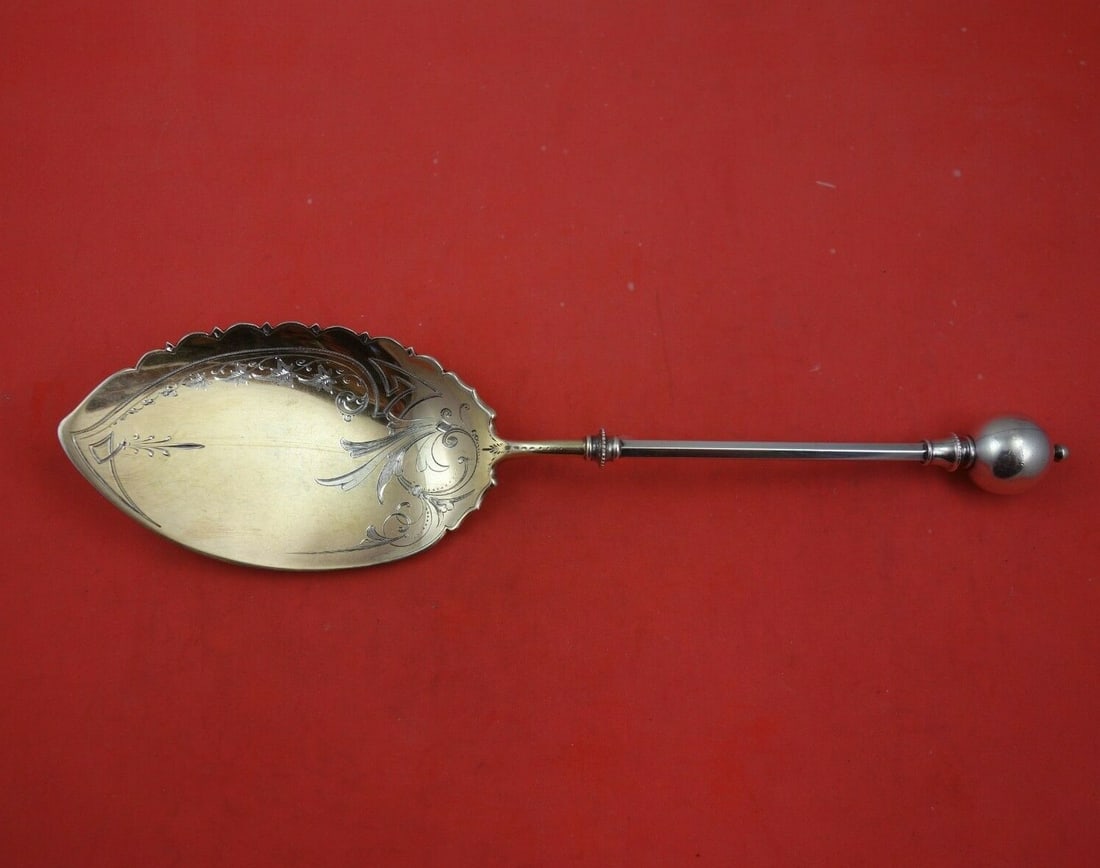 George Sharp Sterling Silver Ice Cream Server 11 Ball End Bright-Cut: George Sharp Sterling Silver Ice Cream Server 11 Ball End Bright-Cut This exquisite ice cream server, crafted by George Sharp, showcases a classic Ball End pattern in sterling silver. The piece featur
