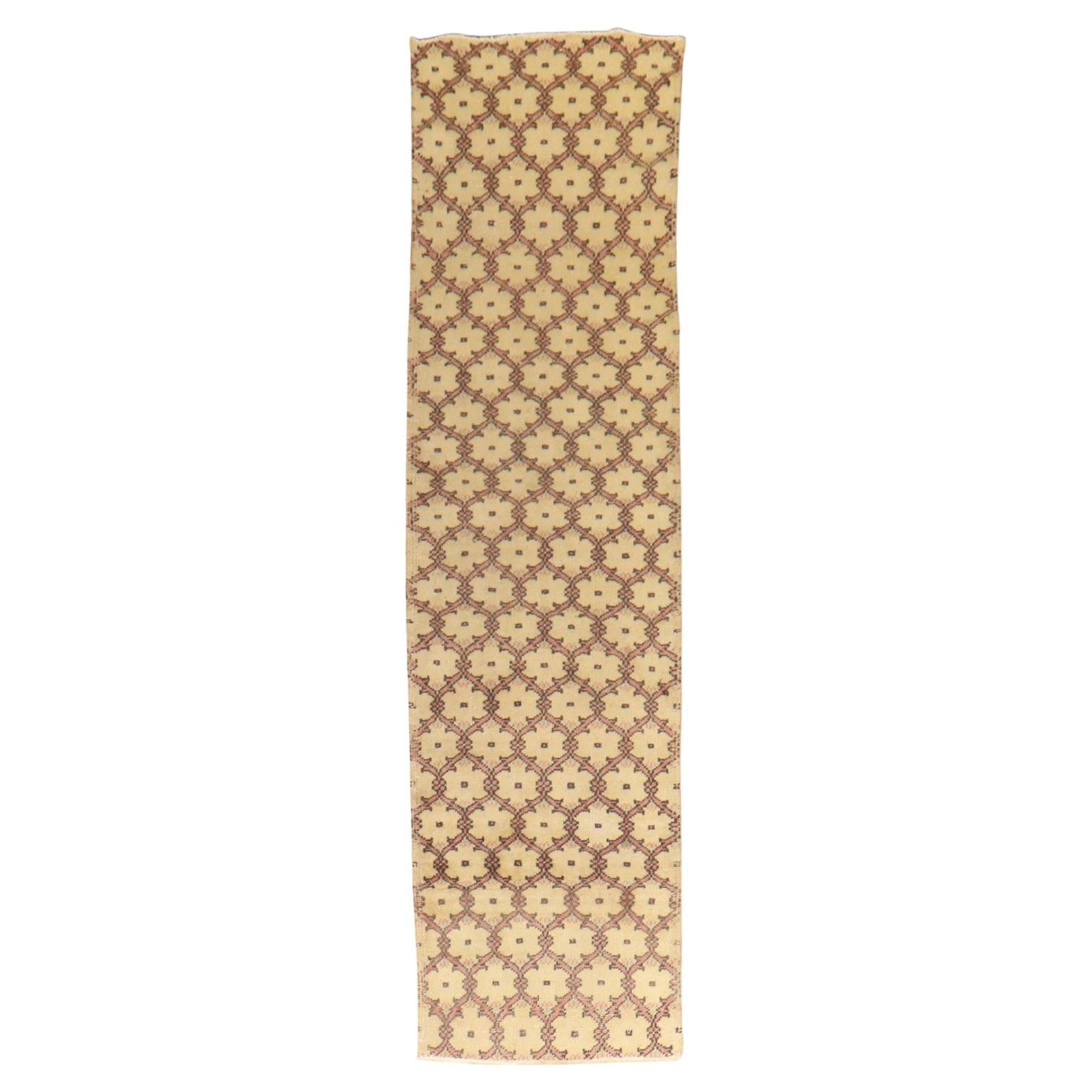Mid-20th Century Vintage Turkish Wool Runner 28 x 111 In: Mid-20th Century Vintage Turkish Wool Runner 28 x 111 In Discover a unique piece of artistry with this Narrow Vintage Turkish Runner. Skillfully hand-woven from high-quality wool, this one-of-a-kind d