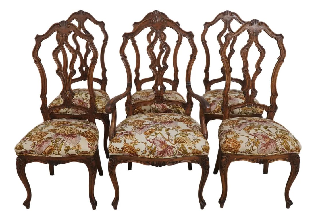 Set of 6 Italian Baroque Walnut Dining Chairs with Floral Upholstery: Set of 6 Italian Baroque Walnut Dining Chairs with Floral Upholstery This exquisite set of 6 Walnut Italian Baroque dining chairs showcases fine craftsmanship and timeless elegance. With an approximat