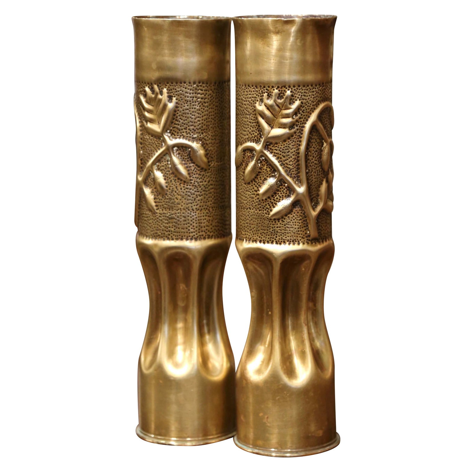 Set of 2 Antique WWI French Brass Shell Casings with Floral Design: Set of 2 Antique WWI French Brass Shell Casings with Floral Design Enhance your space with this striking pair of antique trench art shell casings from World War I, crafted in France circa 1916. Each c